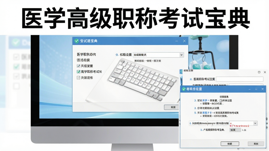 一张医学高级职称考试宝典安装与设置界面的生图,主体为电脑屏幕显示安装向导和权限设置选项,布局为分步截图风格,排版上在顶部标注“医学高级职称考试宝典”,风格为简洁软件安装界面风,细节包含勾选框、路径选择框和提示文字,画质清晰,画面干净,无多余元素