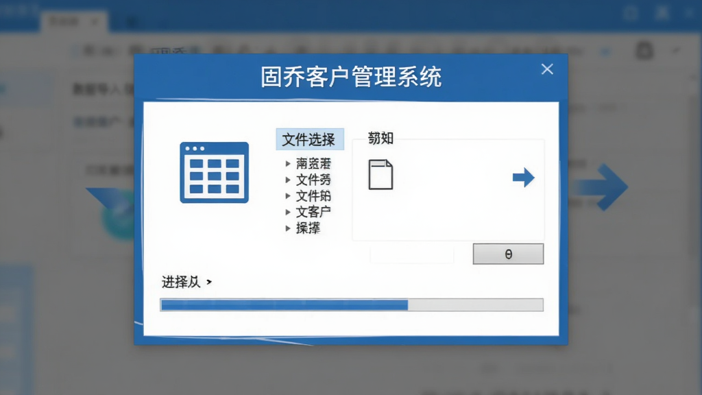 固乔客户管理系统数据导入导出操作界面,画面主体为文件选择对话框与进度条,界面中显示