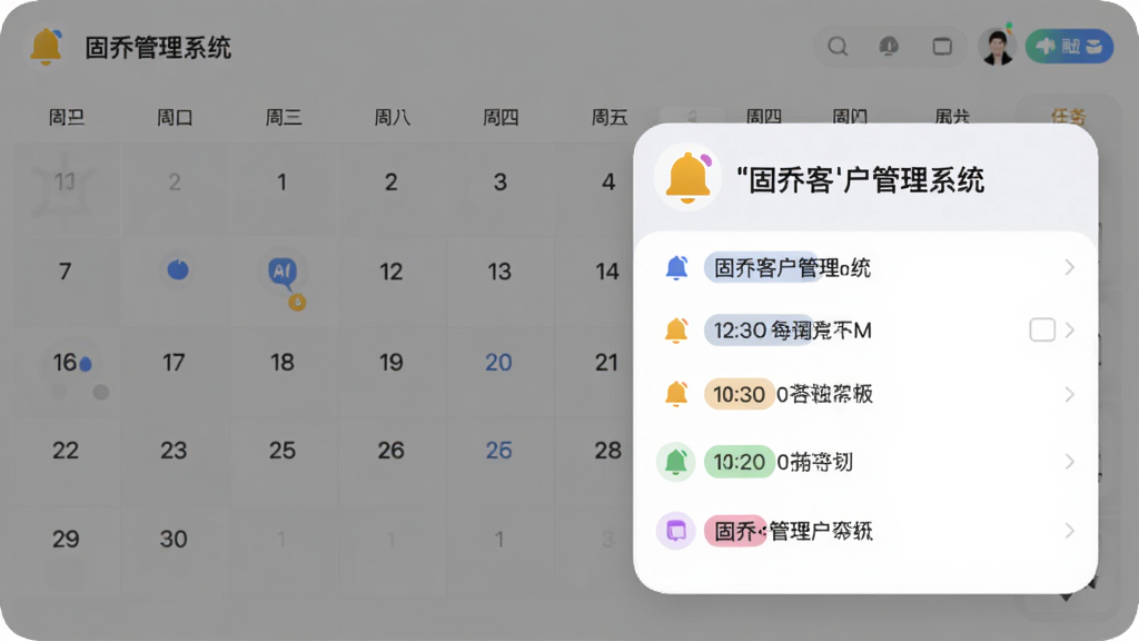 固乔客户管理系统跟进提醒功能展示,画面主体为日历视图与提醒弹窗,弹窗内显示
