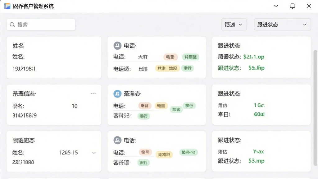 固乔客户管理系统客户资料管理界面,画面主体为软件窗口内展示多行客户信息卡片,每张卡片包含姓名、电话、标签和跟进状态,布局为网格状排列,风格为清爽浅色系,细节有搜索框和筛选下拉菜单,画质清晰,干净,无多余元素