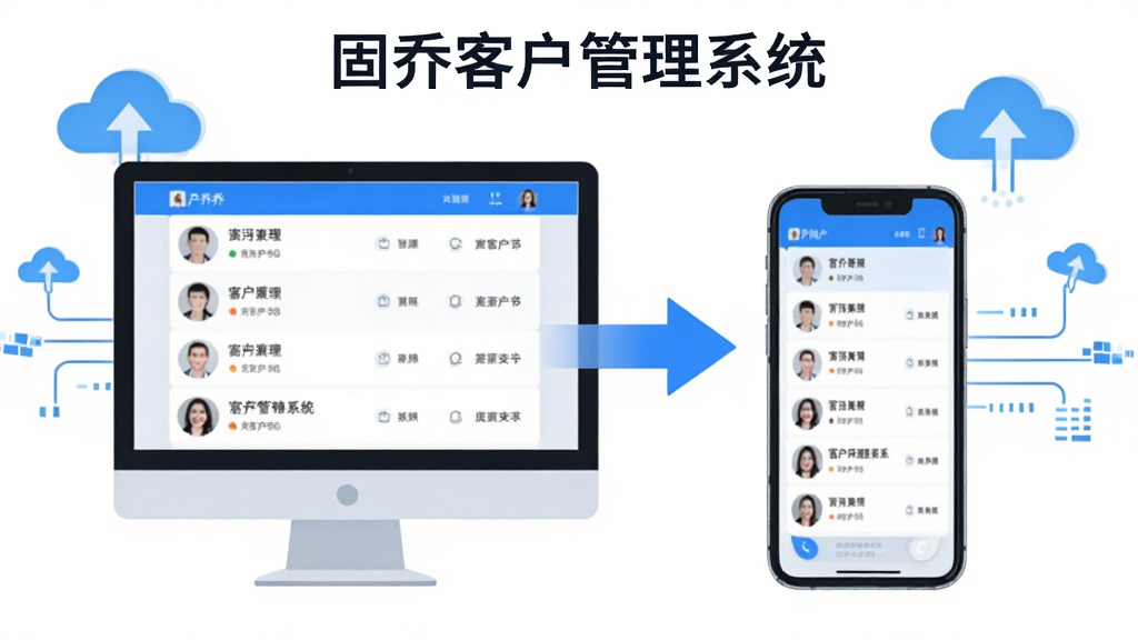 固乔客户管理系统多端同步示意图,画面主体为电脑与手机并排显示相同客户列表,中间有同步箭头连接,画面中包含