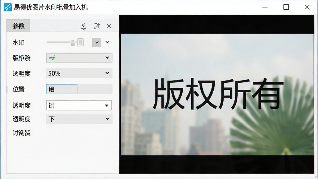 软件界面特写,展示“易得优图片水印批量加入机”的实时预览区域,左侧参数面板中文字水印设置为“版权所有”,透明度50%,位置右下角,右侧预览图清晰显示水印效果,整体界面干净整洁,画质锐利,无多余元素