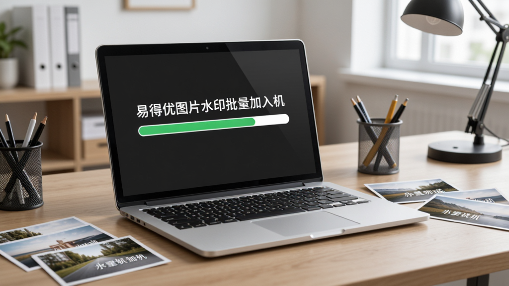 画面展示办公桌上的一台笔记本电脑,屏幕上显示“易得优图片水印批量加入机”正在批量处理图片,进度条快速前进,旁边散落着几张已添加水印的照片,背景是整洁的办公环境,风格写实,细节丰富,画质清晰,无多余元素