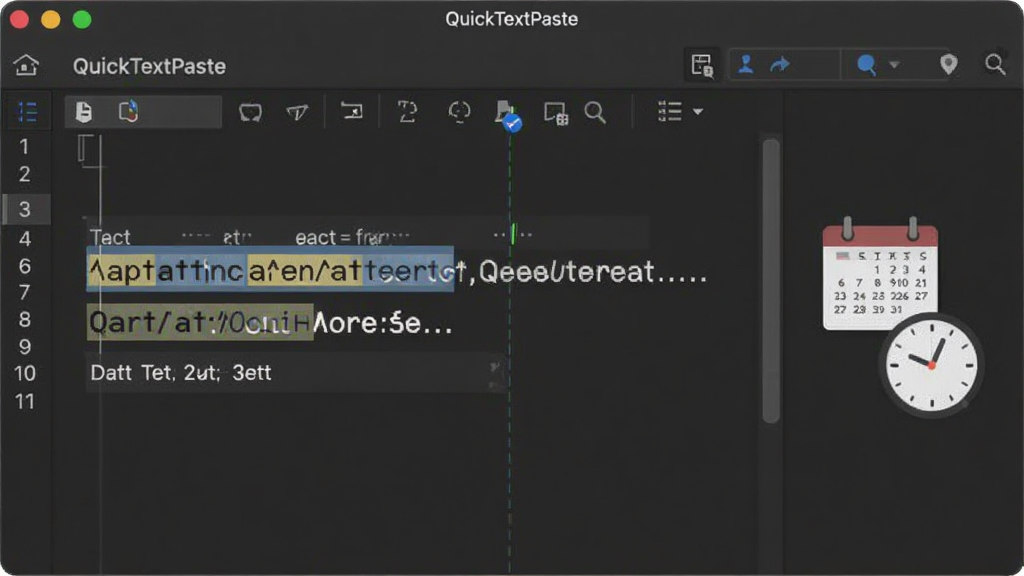 一张展示QuickTextPaste插入日期占位符的图片,主体是软件编辑窗口,窗口中显示一条包含日期占位符的文本模板,旁边有日历和时钟图标,布局为编辑区与图标组合展示,排版简洁,风格为现代办公风,细节包括占位符高亮、日期格式示例,画质清晰,干净,无多余元素