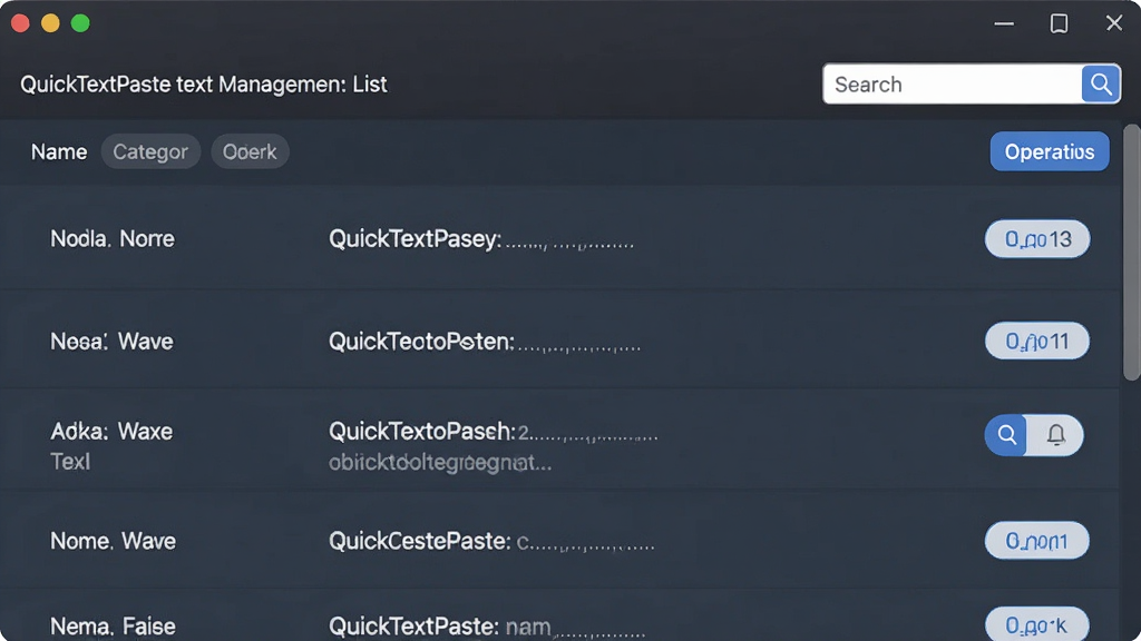 一张展示QuickTextPaste文本管理列表的图片,主体是软件管理界面,界面中显示多条文本片段条目,每条包含名称、内容和快捷键,布局为列表式排列,排版整齐,风格为清爽商务风,细节包括分类标签、操作按钮、搜索框,画质清晰,干净,无多余元素