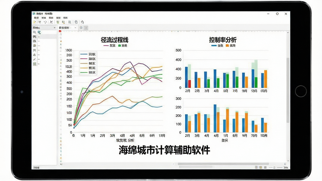 一张展示海绵城市计算辅助软件图表分析功能的预览图,画面中央为软件生成的彩色折线图与柱状图,图表标题包含“径流过程线”与“控制率分析”,图表下方有软件名称“海绵城市计算辅助软件”标注,背景为白色工作区,风格简洁数据可视化,布局合理,细节清晰,画质高,无多余元素