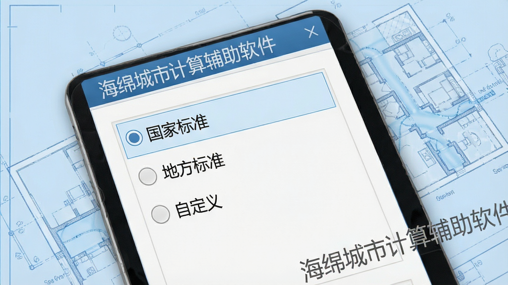 一张展示海绵城市计算辅助软件多标准切换功能的细节图,画面主体为软件设置面板,面板中列出“国家标准”“地方标准”“自定义”等选项,背景为淡蓝色工程蓝图风格,面板边缘带有软件名称“海绵城市计算辅助软件”水印,布局简洁,风格专业,细节清晰,画质干净,无多余元素