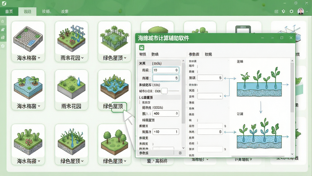 一张展示海绵城市计算辅助软件LID设施库界面的预览图,画面中排列着透水铺装、雨水花园、绿色屋顶等设施图标,点击某个设施后弹出参数编辑窗口,窗口顶部显示“海绵城市计算辅助软件”名称,整体采用清新绿色调,布局整齐,细节包含数值输入框与示意图,画质高清,干净无多余元素