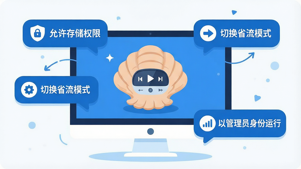 一幅展示贝壳收音机使用技巧的AI生图,画面主体是一台电脑屏幕显示贝壳收音机播放界面,屏幕旁边漂浮着几个提示气泡分别写着“允许存储权限”“切换省流模式”“以管理员身份运行”,布局采用屏幕居中、气泡环绕的构图,排版活泼,风格为扁平化信息图插画,细节上气泡带有小图标如盾牌、齿轮、信号格,整体色调以蓝色和白色为主,画质高清,画面干净,无多余元素