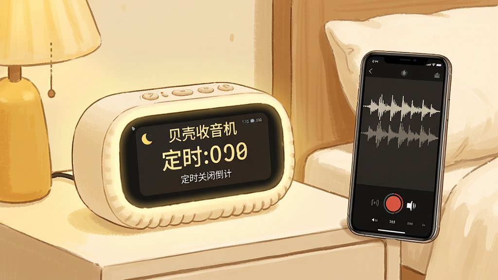 一幅展示贝壳收音机定时关闭与录音功能的AI生图,画面主体是一个床头柜上的智能音箱,音箱屏幕显示“贝壳收音机”和定时关闭倒计时,旁边有一部手机显示录音界面,布局采用卧室场景构图,排版自然,风格为温馨家居插画,细节上音箱带有柔和的夜灯效果,手机屏幕显示录音波形,整体色调以暖黄色和米白色为主,画质高清,画面干净,无多余元素