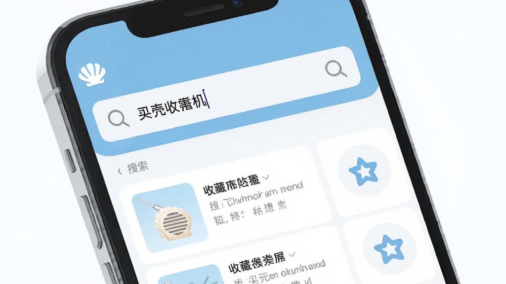 一幅展示贝壳收音机智能搜索与收藏功能的AI生图,画面主体是一部智能手机屏幕,屏幕上显示贝壳收音机的搜索界面,搜索框内输入着关键词,下方展示搜索结果列表和收藏夹图标,布局采用手机界面展示形式,排版清晰直观,风格为扁平化UI设计插画,细节上搜索框带有放大镜图标,收藏夹带有星标,整体色调以白色和浅蓝色为主,画质高清,画面干净,无多余元素