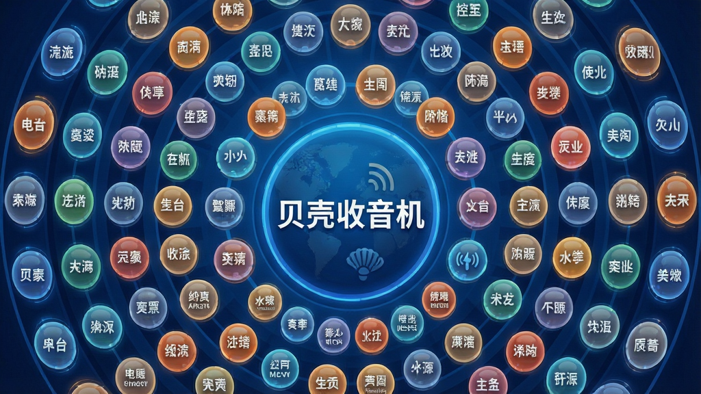 一幅展示贝壳收音机海量电台资源的AI生图,画面主体是一个巨大的圆形电台频道矩阵,每个频道以彩色圆形图标呈现,图标上标注着不同地区名称和节目类型,中心位置突出“贝壳收音机”品牌标识,布局采用放射状排列,排版富有层次感,风格为现代科技感插画,细节上图标带有微光效果,整体色调以蓝色和橙色为主,画质高清,画面干净,无多余元素