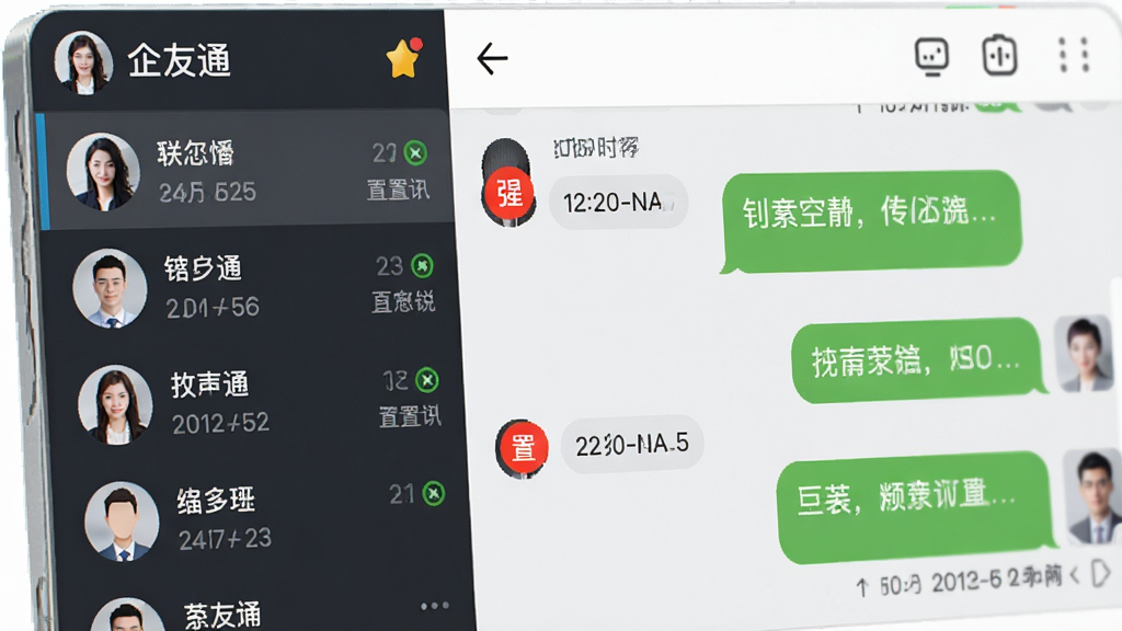 企友通企业级即时通讯功能展示,主体为聊天界面特写,布局为左侧联系人列表右侧对话窗口,排版清晰,风格简洁商务,细节包含已读未读标记、置顶图标、强提醒红色角标、消息气泡与时间戳,画质干净无多余元素