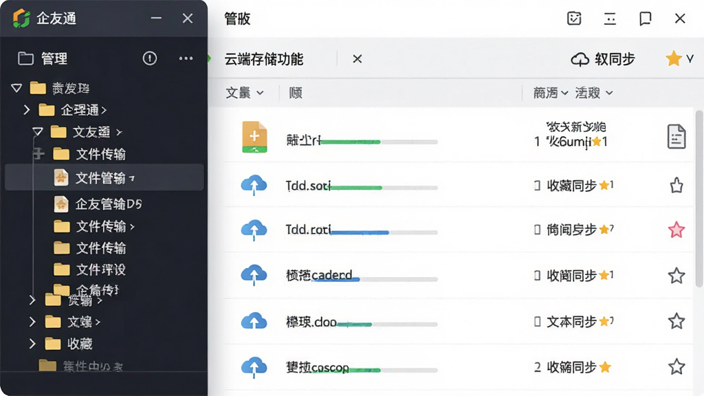 企友通文件传输与云端存储功能展示,主体为文件管理界面,布局为左侧文件夹树形目录右侧文件列表,排版规整,风格清爽简约,细节包含文件类型图标、传输进度条、云端同步标识、收藏星标,画质清晰干净,无多余元素