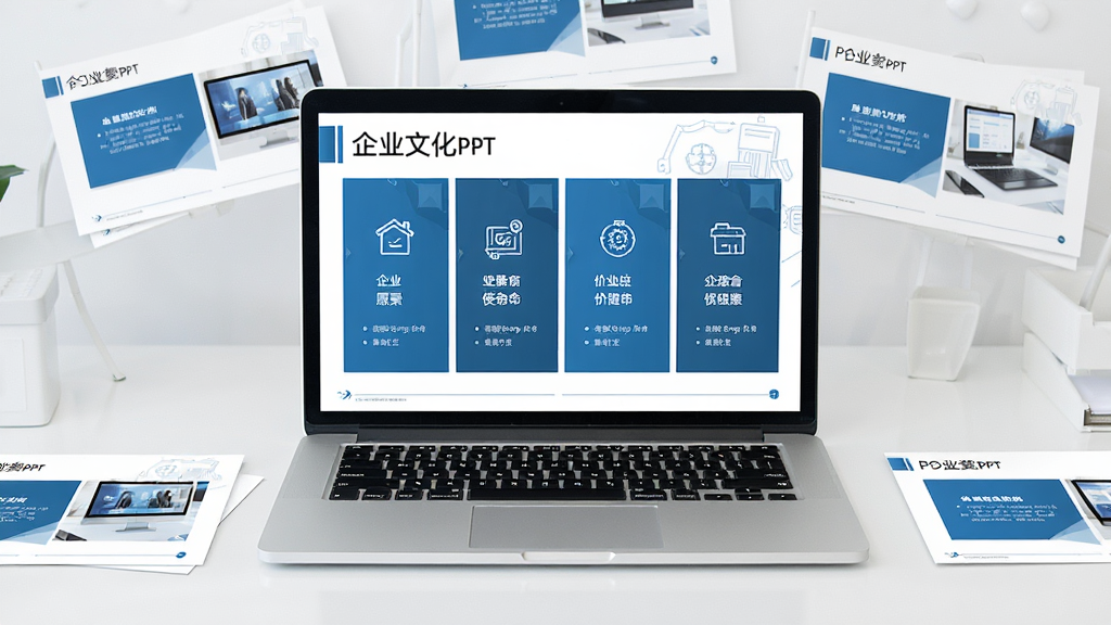 一张展示企业文化PPT模板全貌的预览图,画面中央是一台打开的笔记本电脑,屏幕上显示着包含企业愿景、使命、价值观等板块的精美幻灯片,周围散落着几张打印出来的PPT页面,背景是整洁的办公桌面,风格商务简约,色彩以蓝色和白色为主,细节清晰,画质干净无多余元素