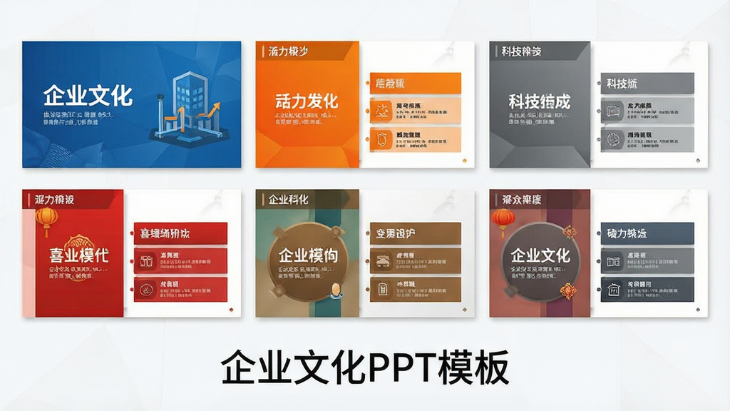 一张展示企业文化PPT模板风格多样性的图片,画面中整齐排列着六个不同配色方案的幻灯片缩略图,每个缩略图都包含封面和内容页,风格涵盖商务蓝、活力橙、科技灰、喜庆红等,图片下方标注着“企业文化PPT模板”字样,布局规整,排版清爽,画质干净无多余元素