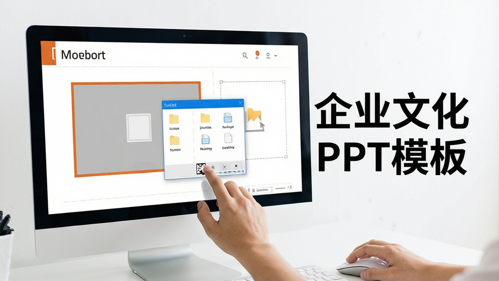 一张展示企业文化PPT模板编辑过程的图片,画面中一只手握着鼠标正在点击幻灯片上的图片占位符,屏幕上弹出文件选择窗口,旁边显示着“企业文化PPT模板”的文字标识,整体风格轻松明快,画质干净无多余元素