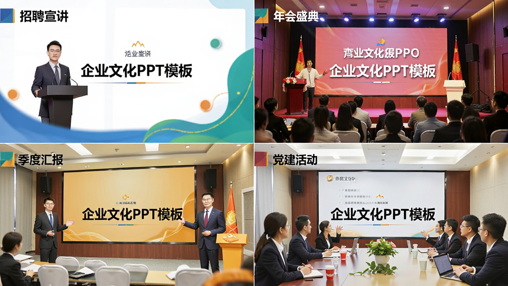 一张展示企业文化PPT模板多场景应用的图片,画面被分割成四个区域,分别展示招聘宣讲、年会盛典、季度汇报和党建活动四个场景的幻灯片应用效果,每个区域都标注了对应的场景名称和“企业文化PPT模板”字样,风格多样统一,画质干净无多余元素