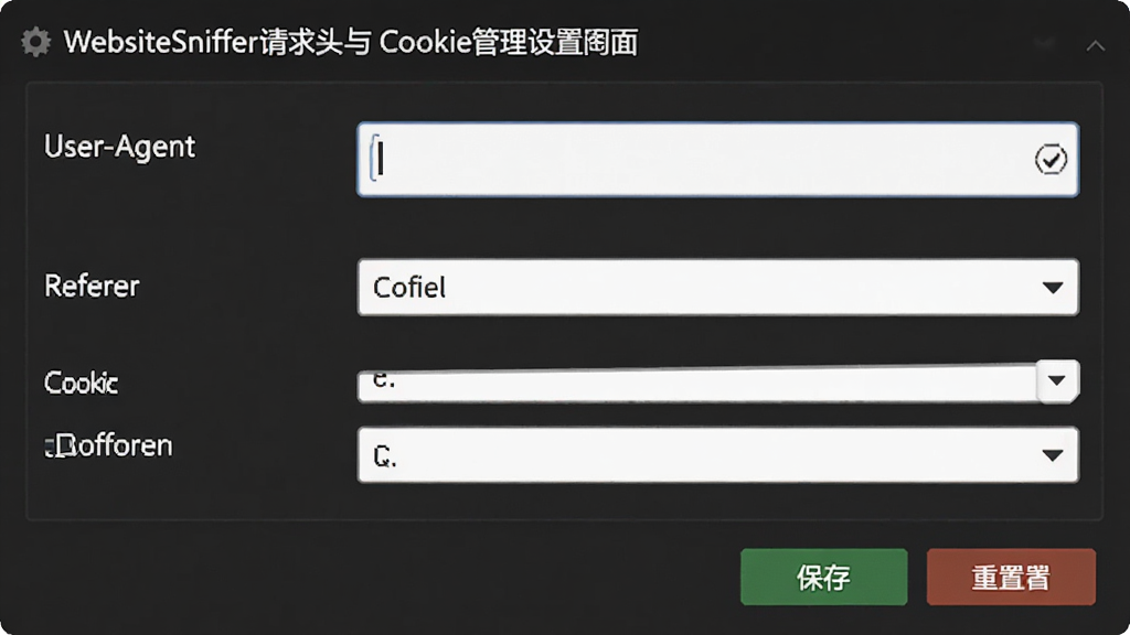 WebSiteSniffer请求头与Cookie管理设置界面图,画面主体为参数配置面板,面板中包含多个输入框和下拉菜单,分别对应User-Agent、Referer、Cookie等字段,布局为纵向排列,风格为专业工具类深色界面,细节包含保存和重置按钮,画质高清,干净无多余元素,文字为中文。