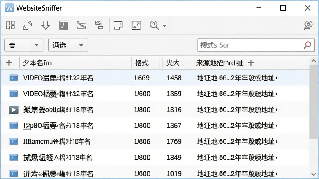 WebSiteSniffer软件界面中实时资源嗅探功能的特写截图,画面主体为资源列表窗口,列表中显示多个视频和图片文件条目,每条记录包含文件名、格式、大小和来源地址,界面采用浅色清爽风格,布局为上下结构上方为工具栏下方为数据表格,细节包含筛选按钮和搜索框,画质清晰,干净无多余元素,图片中文字标注为中文。
