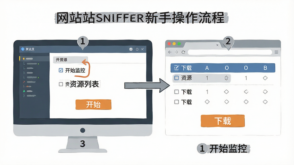 WebSiteSniffer新手操作流程示意图,画面主体为电脑屏幕显示软件界面和浏览器窗口并排布局,界面中标注了开始监控、资源列表、下载按钮等关键操作区域,风格为扁平化教学插图,细节包含箭头指引和步骤编号,画质清晰,干净无多余元素,图片中文字为中文。