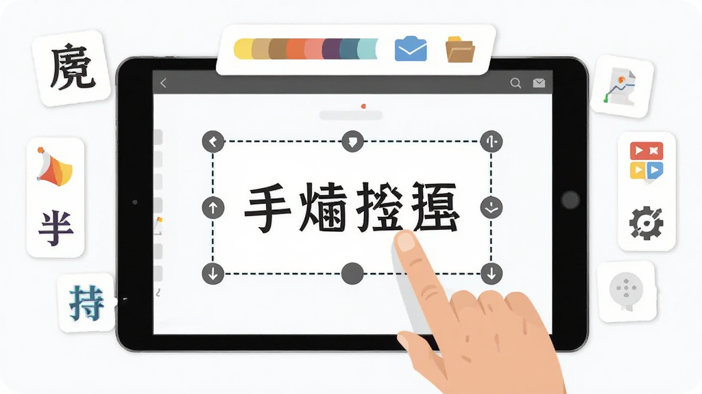 画面主体为一只手指正在点击平板电脑屏幕上的手抄报文字框,布局为平板占据画面中心,周围环绕着字体、颜色、图标等编辑工具图标,排版展示编辑交互过程,风格为现代扁平化设计,细节包括文字框被选中后出现虚线边框和旋转手柄,画质清晰,画面干净,无多余元素。
