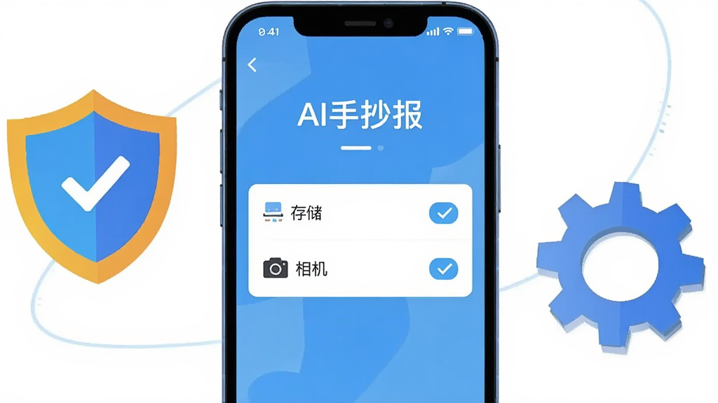 画面主体为一部智能手机屏幕显示“AI手抄报”的权限设置界面,布局为手机居中,旁边漂浮着盾牌和齿轮图标,排版展示安全设置流程,风格为扁平化科技插画,细节包括屏幕上勾选“存储”和“相机”权限,画质清晰,画面干净,无多余元素。