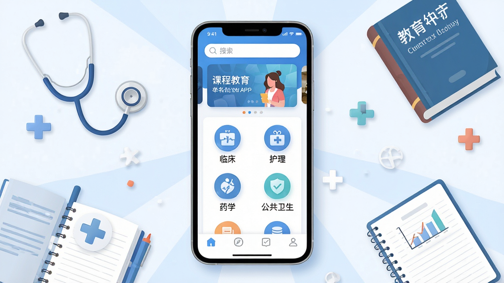 这是一张举名教育软件主界面的概念展示图。画面主体为一部竖屏智能手机,屏幕内展示举名教育APP的首页界面,顶部有搜索栏和轮播图,中部排列着课程分类图标如临床、护理、药学、公共卫生等,底部有导航栏。手机周围散布着听诊器、医学书籍、笔记本等学习相关元素。布局采用居中构图,手机占据画面核心位置,四周元素呈放射状分布。排版清晰有序,色彩以蓝色和白色为主色调,体现医疗教育行业的专业感。风格为扁平化UI插画风格,细节包括柔和的阴影、圆角图标、清晰的文字标签。画质高清,画面干净,无多余元素。