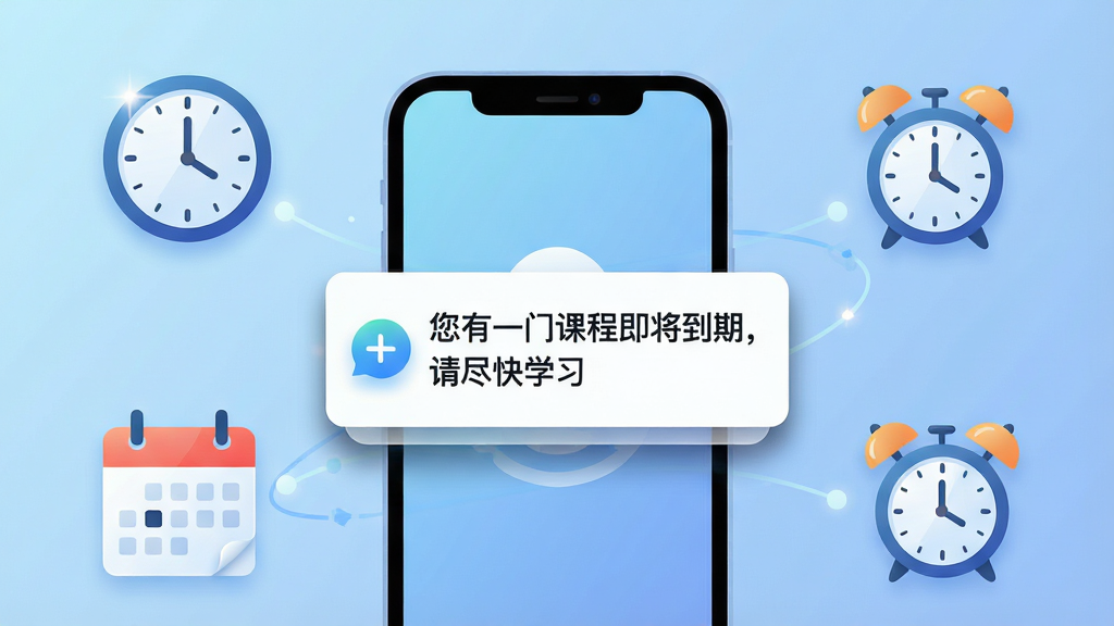 一幅表现举名教育智能提醒功能的插画。画面主体是一个手机屏幕,屏幕上弹出学习提醒通知,通知内容为“您有一门课程即将到期,请尽快学习”。手机周围环绕着时钟、日历和闹钟图标,背景是柔和的渐变蓝色。布局为手机居中,图标环绕四周。排版清晰,风格为现代科技插画风格,细节包括通知卡片的阴影和图标的高光。画质高清,画面干净,无多余元素。