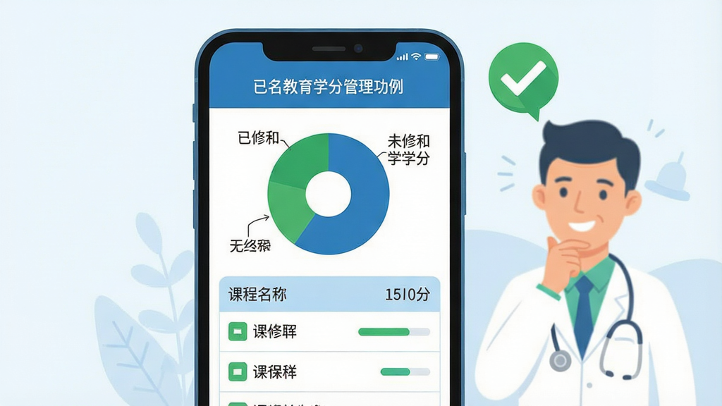 一张展示举名教育学分管理功能的示意图。画面中心是一部手机,屏幕上显示学分管理界面,有饼状图展示已修和未修学分比例,下方列表显示课程名称和对应学分。手机旁边有一个医生形象正在点头微笑,头顶有代表完成的绿色对勾图标。布局为手机居中,人物在侧后方。排版简洁,风格为扁平化图标风格,色彩以蓝色和绿色为主。细节包括清晰的数字标签和进度条。画质高清,画面干净,无多余元素。