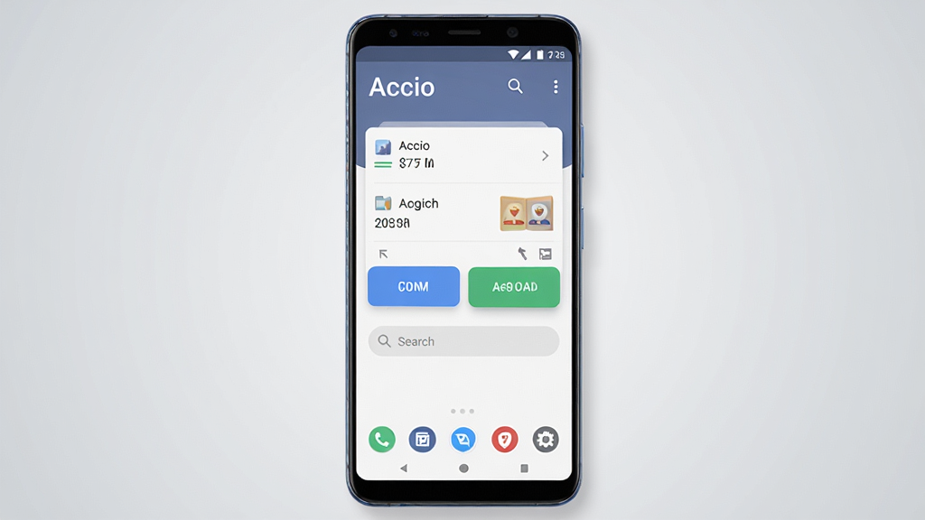 主体为一部安卓手机屏幕,屏幕中央显示“Accio”应用主界面,界面采用卡片式布局,包含任务列表、快捷按钮和搜索栏;布局为手机正面居中展示,背景为浅灰色渐变;排版简洁,上方为应用名称“Accio”,下方为功能图标;风格为现代科技感,扁平化设计;细节包括手机边缘的轻微反光、界面上的微投影效果;画质为高清,干净,无多余元素