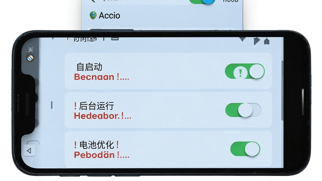 主体为一部安卓手机屏幕,显示“Accio”的设置界面,其中有“自启动”“后台运行”“电池优化”等选项,部分选项旁有红色感叹号提示;布局为手机屏幕居中,背景为浅蓝色;排版整齐,选项列表清晰;风格为扁平化 UI 设计;细节包括开关按钮的绿色高亮和提示文字的红色标注;画质为高清,干净,无多余元素