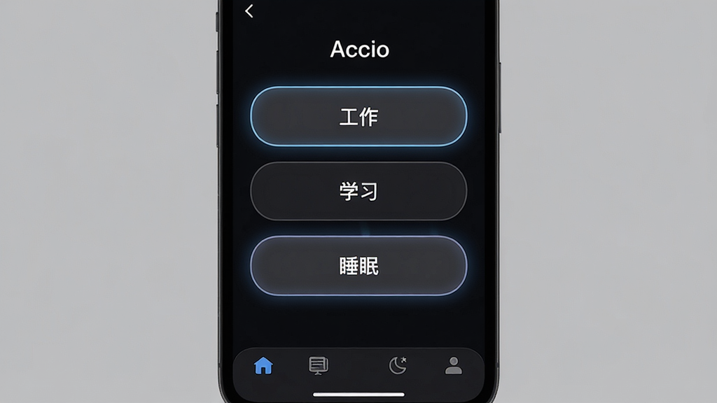 主体为一部手机屏幕特写,屏幕上显示“Accio”的场景模式切换界面,有“工作”“学习”“睡眠”三个大按钮,当前选中“工作”模式;布局为手机屏幕居中,背景为深色;排版清晰,按钮有圆角和高亮效果;风格为暗色科技风;细节包括按钮的微光边缘和界面底部的导航栏;画质为高清,干净,无多余元素