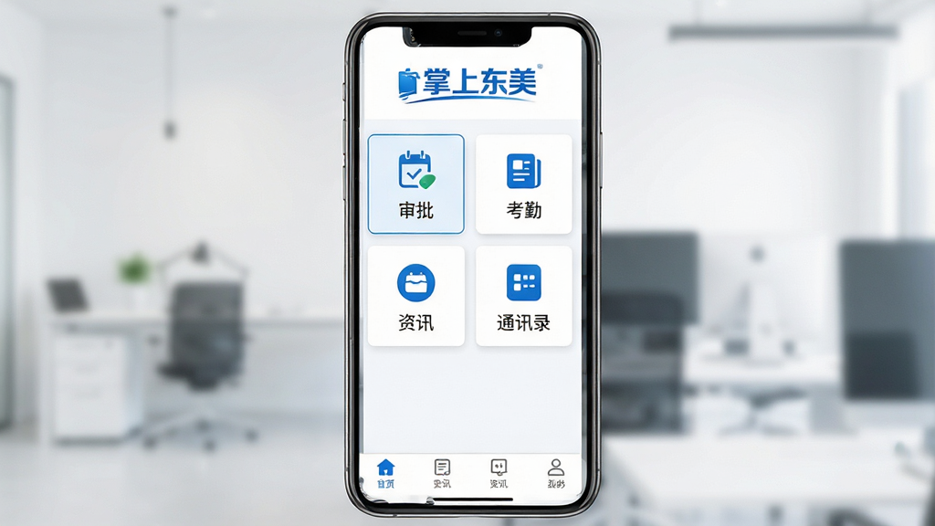 掌上东美APP主界面展示,手机屏幕竖屏布局,顶部显示“掌上东美”蓝色品牌标识,中部为功能卡片式排列,包含审批、考勤、资讯、通讯录等图标,底部导航栏清晰,整体风格简洁商务,配色以蓝白为主,画面干净明亮,高清画质,无多余元素