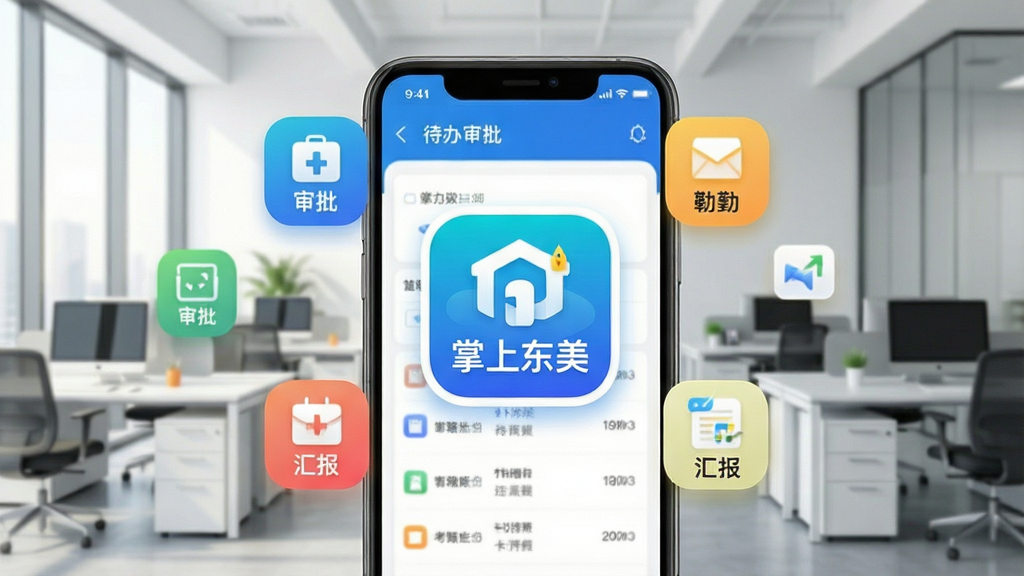 掌上东美一站式移动办公场景,手机屏幕显示待办审批列表和考勤打卡界面,背景为现代办公室环境,画面中央突出“掌上东美”应用图标,周围环绕审批、打卡、汇报等悬浮图标,风格简洁商务,色彩明快,高清画质,干净无杂物