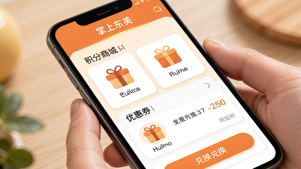 掌上东美生活服务页面,手机屏幕显示积分商城和优惠券列表,界面以暖色调为主,包含礼品图标和兑换按钮,顶部有“掌上东美”标识,风格温馨亲切,排版清晰,高清画质,干净整洁