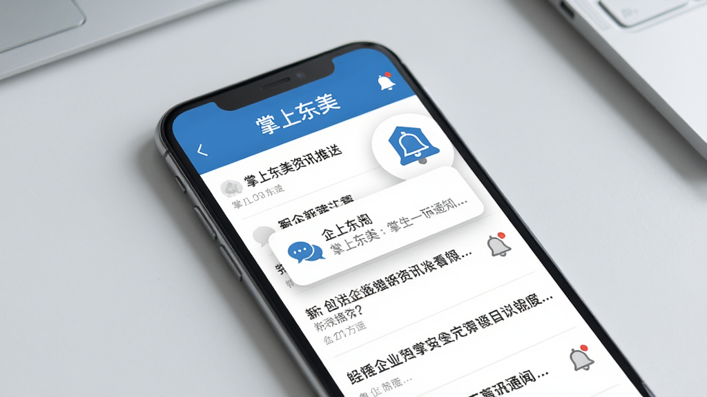 掌上东美资讯推送界面,手机屏幕展示企业新闻列表和通知弹窗,顶部有“掌上东美”字样,背景为浅灰色办公桌面,画面中包含消息气泡和铃铛图标,风格清新简洁,排版整齐,高清画质,无多余装饰