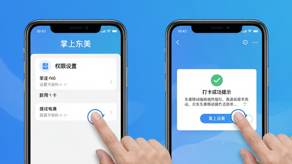 掌上东美移动端操作指引,手机屏幕显示权限设置页面和打卡成功提示,画面中有手指点击操作示意,背景为简洁的蓝色渐变,顶部有“掌上东美”文字,风格直观清晰,高清画质,无多余元素