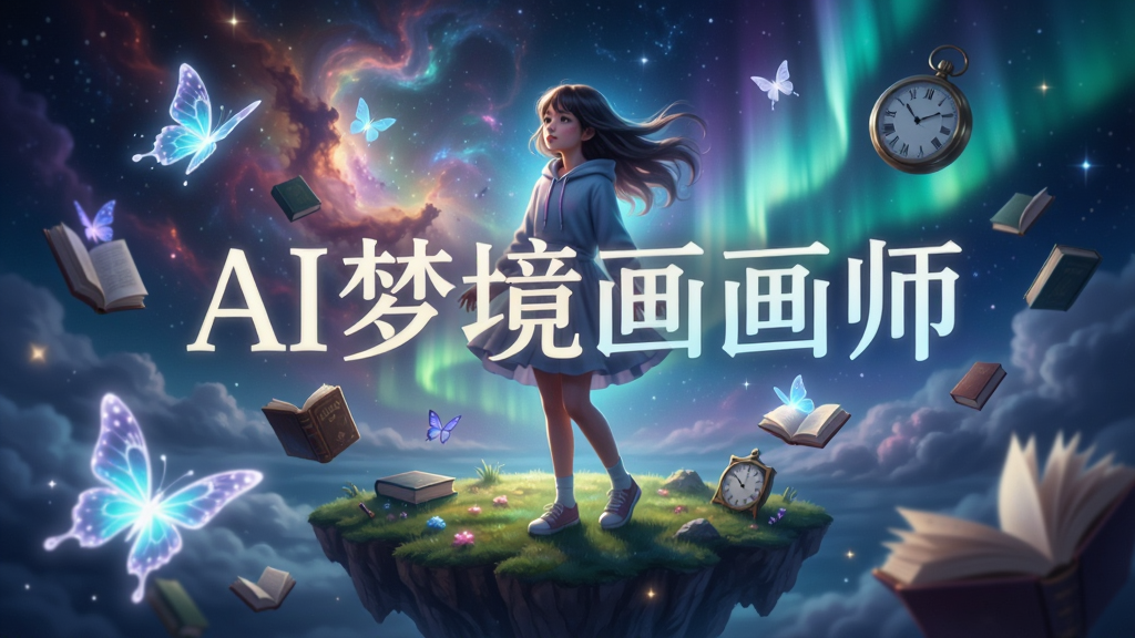 一幅充满梦幻色彩的AI绘画作品,画面主体是一位少女站在漂浮的岛屿上,背景是绚丽的星云和极光,画面中央用发光字体写着