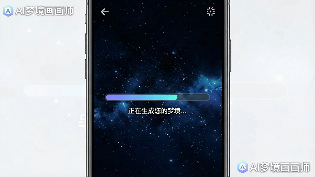 一张手机屏幕截图风格的图片,画面展示AI梦境画画师在手机上运行的界面,屏幕中央是生成中的进度条,下方有