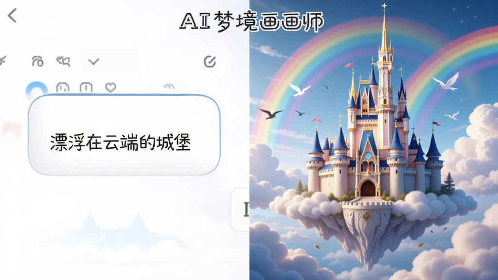 一张AI生成的梦境画作,画面左侧是输入框界面显示文字
