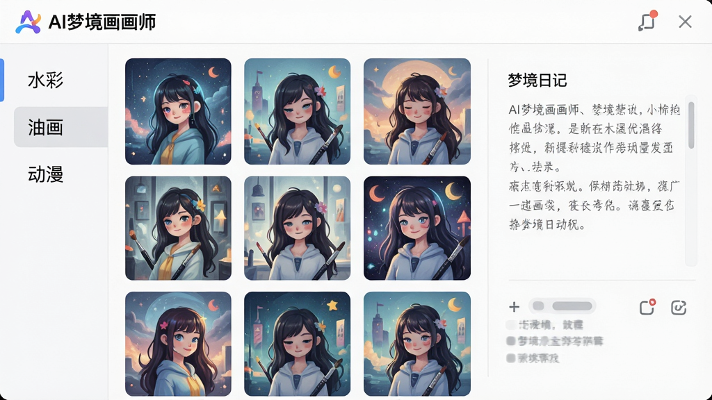一张软件界面截图风格的图片,画面展示AI梦境画画师的作品管理页面,左侧是分类标签
