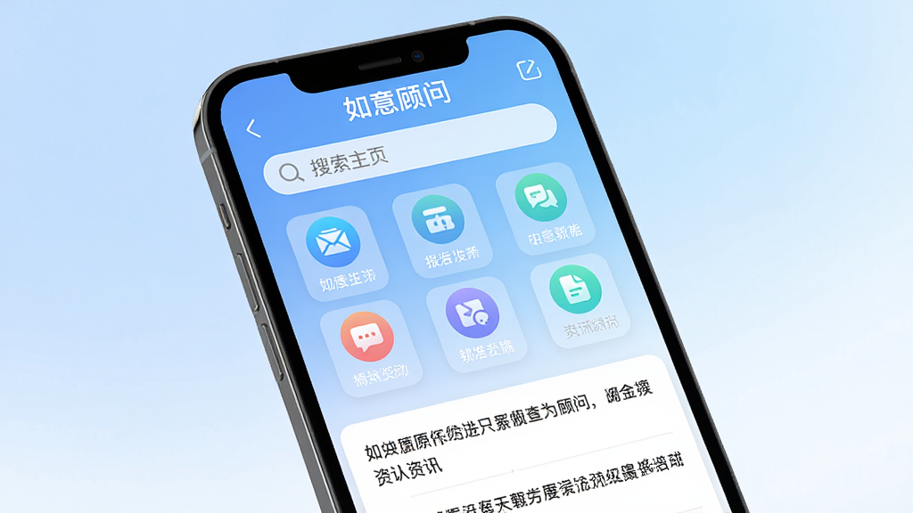 画面主体为一部智能手机,屏幕中显示“如意顾问”应用主界面,界面布局简洁清晰,上方为搜索栏,中部为功能图标网格,下方为资讯列表。背景为柔和的蓝白渐变色调,整体风格清新商务。细节上突出应用图标和文字标识,画质高清干净,无多余元素。