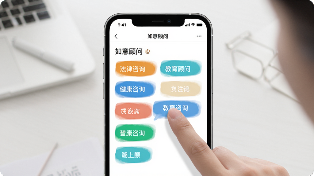 画面主体为手机界面展示“如意顾问”筛选功能页面,包含多个分类标签如“法律咨询”“教育顾问”“健康咨询”等,用户手指正在点击其中一个标签。布局居中,风格为现代简约UI,细节上标签颜色鲜明,画质干净整洁。