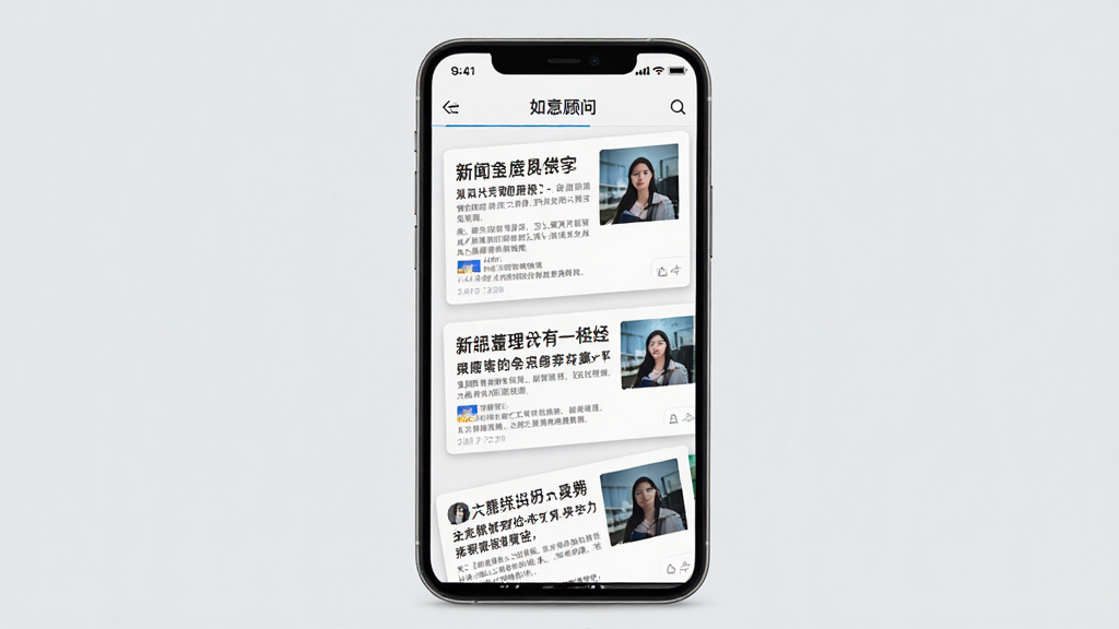 画面主体为手机屏幕显示“如意顾问”资讯列表页面,列表中包含多条图文并茂的新闻卡片,卡片上有标题和缩略图。布局为竖向排列,背景为浅灰色。风格为扁平化UI设计,细节上突出资讯卡片的层次感和文字清晰度,画质高清无杂乱元素。