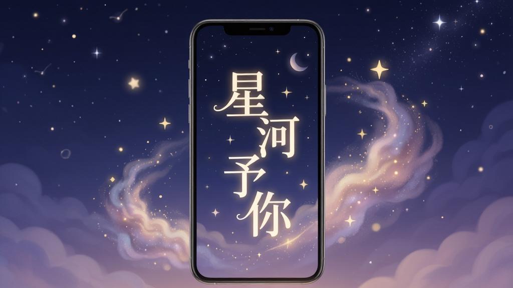 一幅以星空为主题的手机应用界面展示图,画面中央是一台竖屏智能手机,屏幕上显示着「星河予你」四个发光文字,手机周围环绕着柔和的星云与细碎的金色光点,背景是深邃的蓝紫色夜空,画面采用居中构图,风格温柔浪漫、干净清爽,细节上星光有层次感,画质高清,无多余元素
