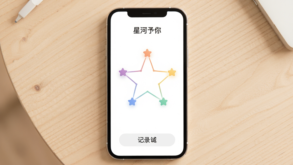 一幅展示手机心情记录功能的界面图,屏幕中央显示「星河予你」的心情星图,星图由不同颜色的小星星连接而成,手机下方有简单的记录按钮,画面采用正面俯视角度,背景为浅色木纹桌面,风格简约温暖,细节上星图线条柔和、颜色过渡自然,画质高清干净,无多余元素