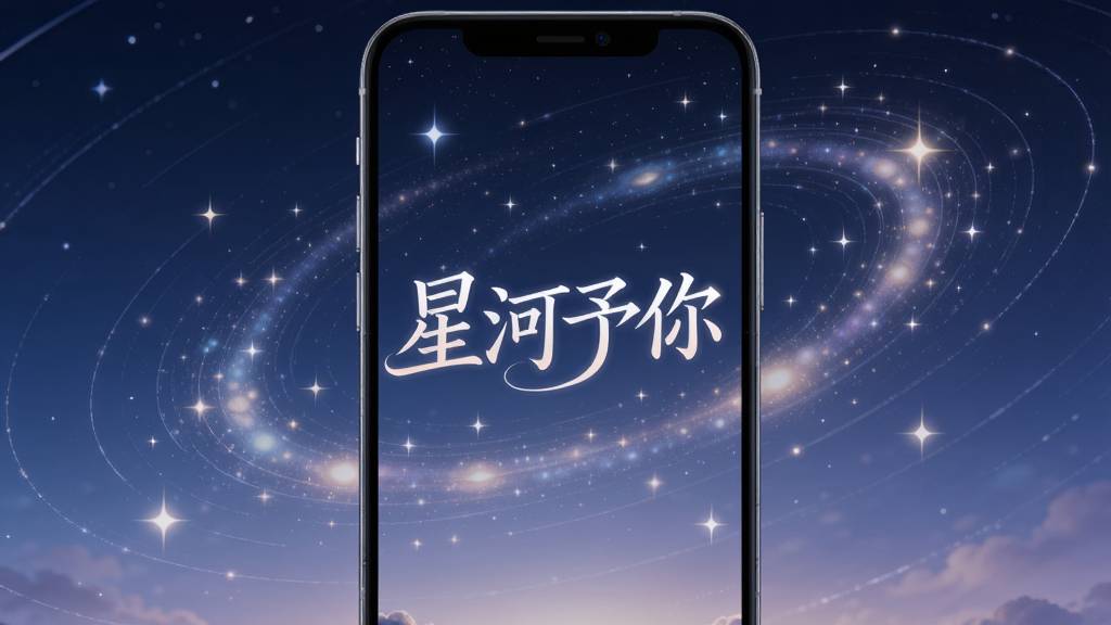 一幅展现手机屏幕中星空动态效果的画面,屏幕中央漂浮着「星河予你」字样,四周有缓慢旋转的星轨和闪烁的星星,画面采用手机正面视角,背景为深蓝色渐变,风格唯美梦幻,细节上星光柔和、层次分明,画质高清干净,无多余元素