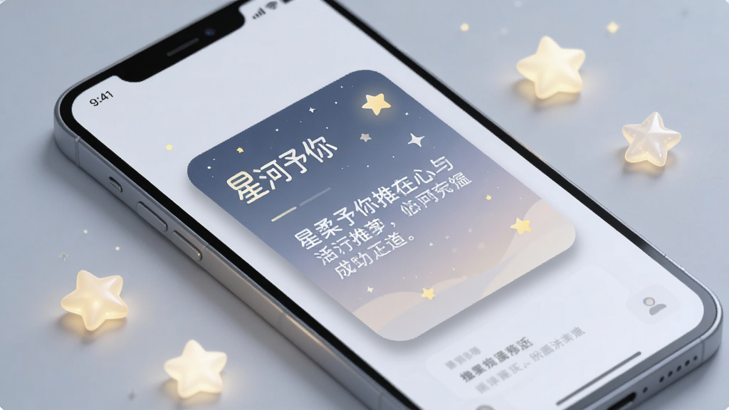 一幅表现手机应用推荐温柔文字内容的场景图,手机屏幕上显示「星河予你」的推荐卡片,卡片上有柔和的文字和星星图标,手机旁边散落着几颗发光的小星星,画面采用斜侧视角,背景为浅灰蓝,风格清新治愈,细节上卡片有轻微阴影和圆角,画质高清干净,无多余元素