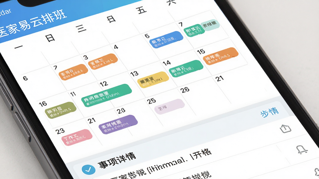 医家易云排班日程界面,手机屏幕显示月历视图,日期格内标注不同颜色的工作事项标签,界面配色清爽,日历下方有事项详情列表,扁平化设计,画面干净,高清画质